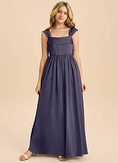 Azazie Hattie Junior Abito A-Line in Raso Elasticizzato Plissettato Stormy image8