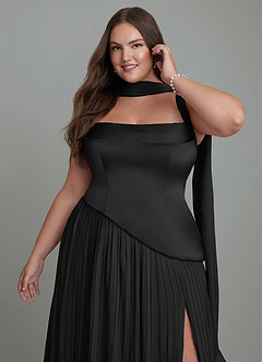 Azazie Stephanie Vestidos de madrinha de casamento Vestido Preto de Cetim elástico de Linha A com Plissado image13