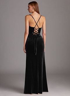 Azazie Kindness At-home Try On Dresses Black Sheath Cowl Neckline Corset Velvet Dress image2