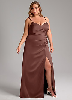 Azazie Azuree Bridesmaid Dresses Espresso A-Line Pleated Stretch Satin Dress image12