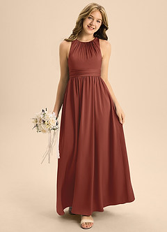 Azazie Jaylah Junior Auburn A-Line Pleated Stretch Satin Dress image3