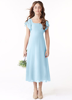 Azazie Bondi Junior A라인 셔링 쉬폰 티 길이 주니어 신부 들러리 드레스 image2