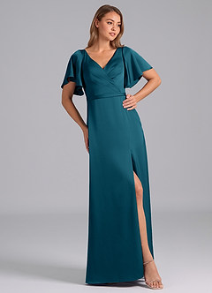 Azazie Ambrosia Robes de demoiselle d'honneur Robe Trapèze en Satin extensible Plissée Bleu Encre image4