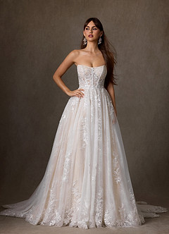 Azazie Elowyn Wedding Dresses Diamond White Champagne Ball-Gown Strapless Lace Dress image2