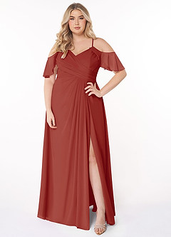 Azazie Dakota Vestidos de damas de honor Vestido de Terracota de Gasa de Corte en A con Cuello en V plisado image11