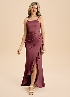 Azazie Buzzy Junior Merlot Sheath Pleated Stretch Satin Dress image5