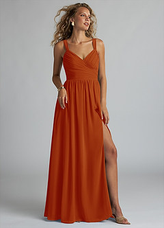 Azazie Aziza Bridesmaid Dresses Paprika A-Line V-Neck Pleated Chiffon Dress image1