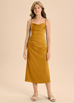 Azazie Mai Junior Skede Plisseret Stræk satin Te-længde Junior brudepige Kjole image3