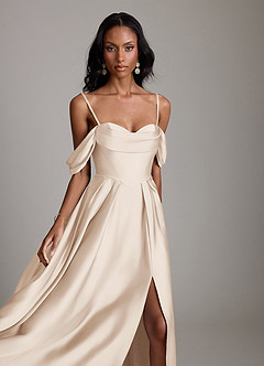 Azazie Loisa Abiti da Damigella Abito A-Line in Raso Elasticizzato a Spalla Scoperta Alabastro Bianco image3