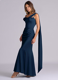 Azazie Inara Robes de demoiselle d'honneur Robe Sirène en Satin extensible Plissée Bleu Marine Foncé image3