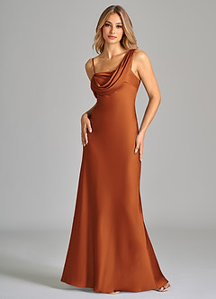 Azazie Celina Bridesmaid Dresses Cinnamon Sheath Off the Shoulder Stretch Satin Dress image3