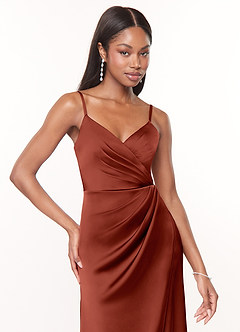 Azazie Maci Bridesmaid Dresses Terracotta A-Line V-Neck Pleated Stretch Satin Dress image5