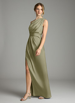 Azazie Emorie At-home Try On Dresses Dusty Blue Sheath One Shoulder Stretch Satin Dress image3