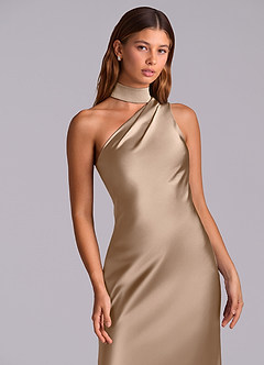 Azazie Seona Robes de demoiselle d'honneur Robe Sirène en Satin extensible Une épaule Taupe image2