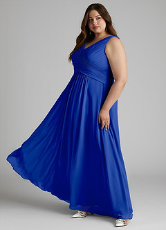Azazie Flora Vestidos de damas de honor Vestido de Azul Real de Gasa de Corte en A con Plisado image12