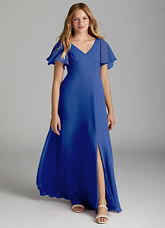 Azazie Kimber Junior Royal Blue A-Line Pleated Chiffon Dress image1