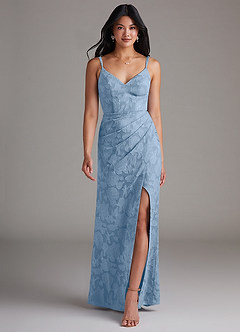 Azazie Leo Bridesmaid Dresses Powder Blue Sheath Pleated Floral Burnout Dress image4