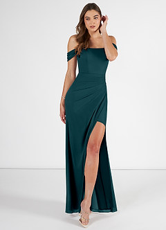 Azazie Kit Bridesmaid Dresses Pine Mermaid Off the Shoulder Mesh Dress image1