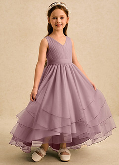 Azazie Seraphina vestidos de niña de las flores Vestido de Rosa Polvorienta de Tul de Corte en A con Plisado image3