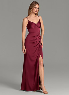 Azazie Emersyn Bridesmaid Dresses Burgundy Sheath Pleated Stretch Satin Dress image5