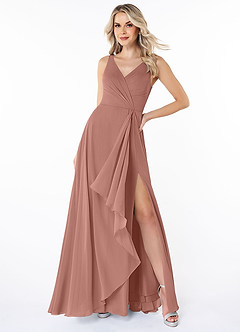 Azazie Calvi At-home Try On Dresses Champagne Rose A-Line Ruched Chiffon Dress image4