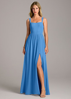 Azazie Rosaline Abiti da Damigella Abito A-Line in Chiffon Spacco Laterale Blue Jay image4