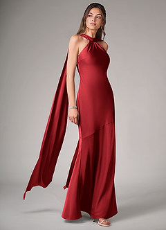Azazie Kinsley Robes de demoiselle d'honneur Robe Sirène en Satin extensible Fente latérale Écarlate image3