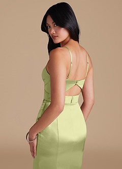 Azazie Shania Bridesmaid Dresses Pistachio Sheath Pleated Metallic Satin Dress image4