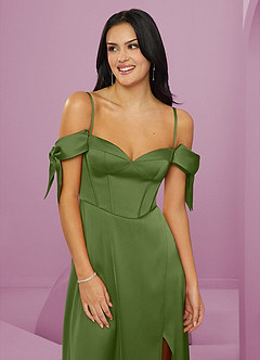 Barbie ♥ Azazie Robes de demoiselle d'honneur Robe Trapèze en Satin extensible Épaule décolletée Genévrier image5