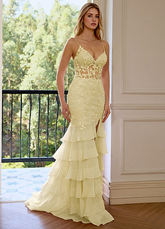 Nerissa Yellow Sequin Embroidery Tier Tulle High Split V-neck Mermaid Marine Prom Dress image5