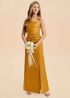 Azazie Nova Junior Butterscotch A-Line Pleated Stretch Satin Dress image3