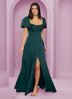 Barbie ♥ Azazie Bridesmaid Dresses Pine A-Line Ruched Stretch Satin Dress image1