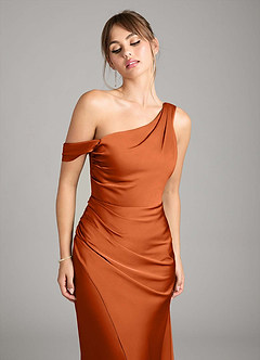 Azazie Madelyn Bridesmaid Dresses Burnt Orange Mermaid One Shoulder Stretch Satin Convertible Dress image4