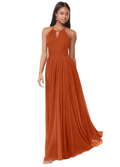 Azazie Cherish Vestidos de damas de honor Vestido de Naranja Quemada de Gasa de Corte en A con Plisado image3
