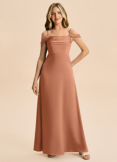 Azazie Lettie Junior A-Linie Schulterfrei Stretch-Satin Kleid Bronzer image4