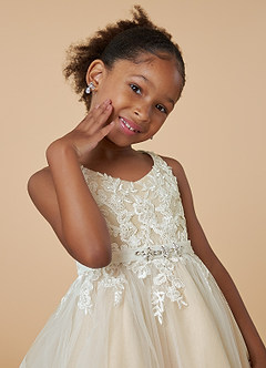 Azazie Minka Flower Girl Dresses Diamond White Champagne A-Line Lace Tulle Dress image4