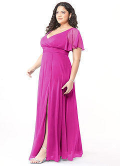 Azazie Induh Bridesmaid Dresses Fuchsia A-Line Flutter V-neck Mesh Dress image9