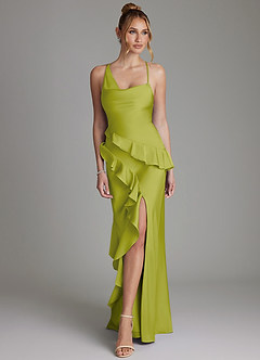 Azazie Jayda Bridesmaid Dresses Lemongrass A-Line Ruched Stretch Satin Dress image4