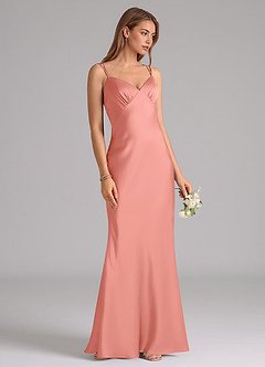 Azazie Suttona Bridesmaid Dresses Coral A-Line Pleated Stretch Satin Dress image2