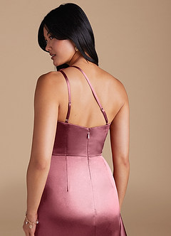 Azazie Latrice At-home Try On Dresses Desert Rose Sheath One Shoulder Metallic Satin Dress image4