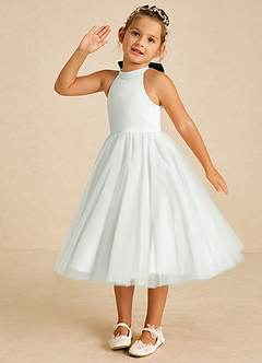 Azazie Dora Flower Girl Dresses Ivory Pine A-Line Bow Tulle Dress image2
