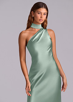 Azazie Seona Bridesmaid Dresses Agave Mermaid One Shoulder Stretch Satin Dress image2