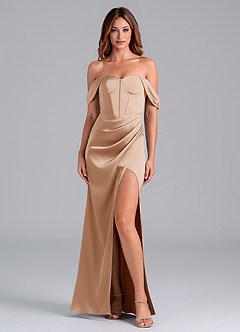 Azazie Asha Bridesmaid Dresses English Rose Sheath Off the Shoulder Stretch Satin Convertible Dress image1