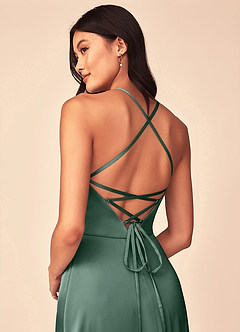 Azazie Mei Vestidos de damas de honor Vestido de Eucalipto de Satén Elástico de Corte en A con Cuello en V image3