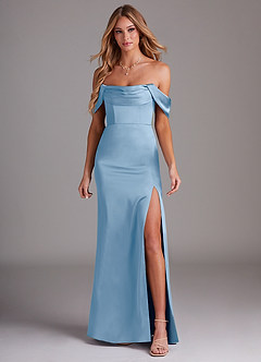 Azazie Saige Vestidos de damas de honor Vestido de Azul Pálido de Satén Elástico de Corte Recto con Vestidos sin tirantes image3