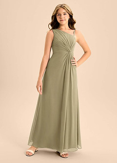 Azazie Brooke Junior Vestido de Musgo Verde de Gasa de Corte en A con Corte Lateral image4