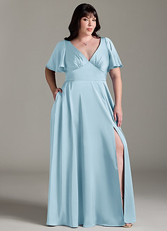 Azazie Kimber Robes de demoiselle d'honneur Robe Trapèze en Satin extensible Rayé Bleu Ciel image9