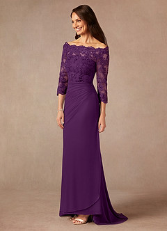 Azazie Rhonda Mother of the Bride Dresses Grape Mermaid Off the Shoulder Mesh Dress image4