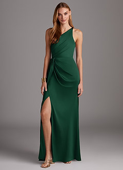 Azazie Mika Vestidos de damas de honor Vestido de Verde Oscuro de Satén Elástico de Corte Recto con Hombro unilateral image3