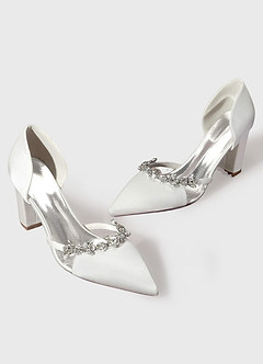 front Crystal Strap Pointed Toe Satin Pumps